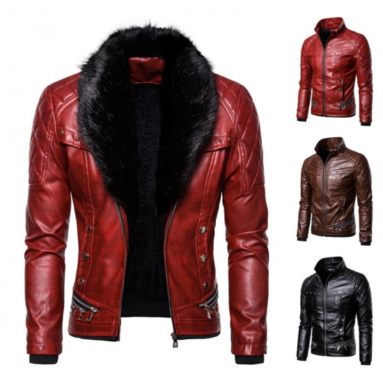 New European and American Punk: Men's Autumn/Winter Detachable Fur Collar, Rivet-studded Leather Jacket