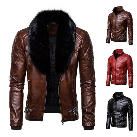 New European and American Punk: Men's Autumn/Winter Detachable Fur Collar, Rivet-studded Leather Jacket