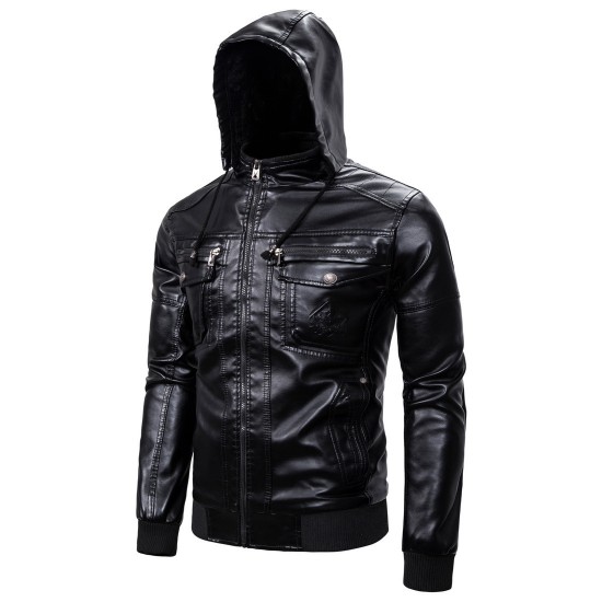 European and American Men's Autumn/Winter Leather Jacket: Plush Warm Faux Sheepskin Hooded Leather Jacket