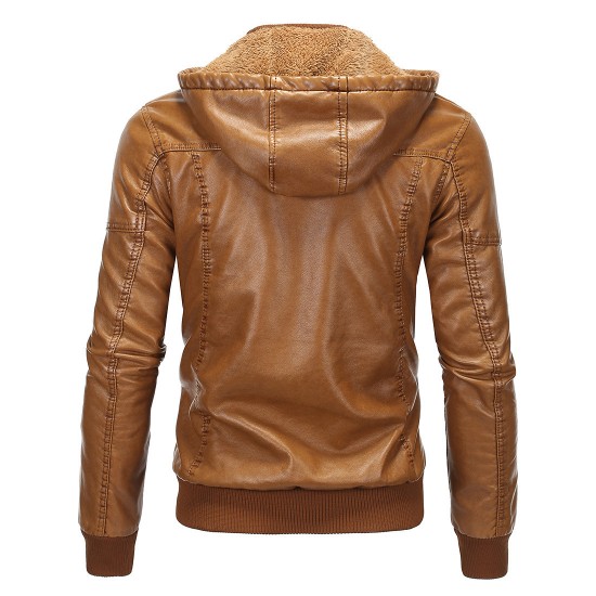 European and American Men's Autumn/Winter Leather Jacket: Plush Warm Faux Sheepskin Hooded Leather Jacket