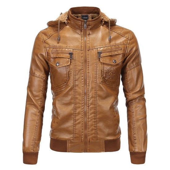 European and American Men's Autumn/Winter Leather Jacket: Plush Warm Faux Sheepskin Hooded Leather Jacket