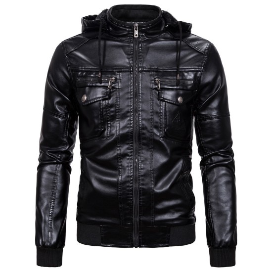 European and American Men's Autumn/Winter Leather Jacket: Plush Warm Faux Sheepskin Hooded Leather Jacket