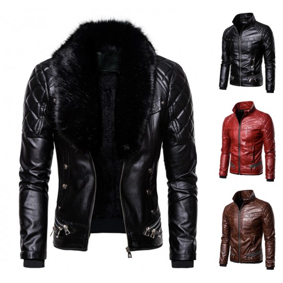 New European and American Punk: Men's Autumn/Winter Detachable Fur Collar, Rivet-studded Leather Jacket
