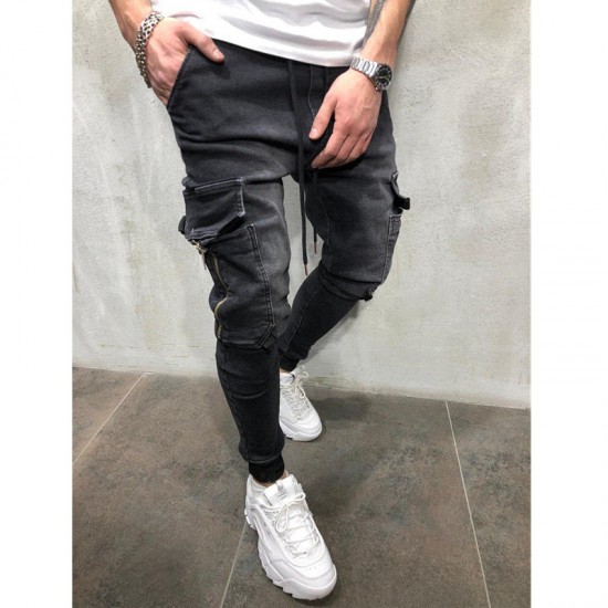 2025 European and American: Men's Multi-Pocket Hip-Hop Washed Casual Sweatpants, Tapered Jeans, Fall/Winter Men's Fashion