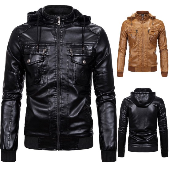 European and American Men's Autumn/Winter Leather Jacket: Plush Warm Faux Sheepskin Hooded Leather Jacket