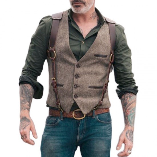 Men's Fashion: New European and American Retro Vests, Popular Leather Patchwork Casual Vests