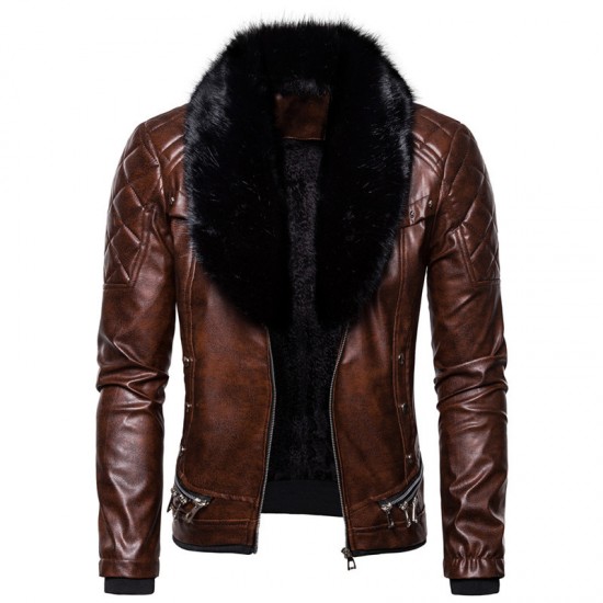 New European and American Punk: Men's Autumn/Winter Detachable Fur Collar, Rivet-studded Leather Jacket