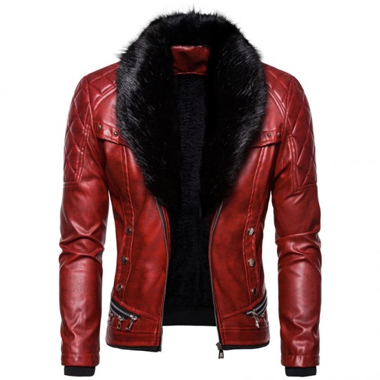 New European and American Punk: Men's Autumn/Winter Detachable Fur Collar, Rivet-studded Leather Jacket