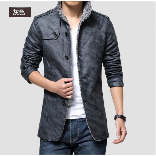 Men's Fall/Winter Fashion European and American Fur Collar and Fleece Motorcycle Leather Jacket