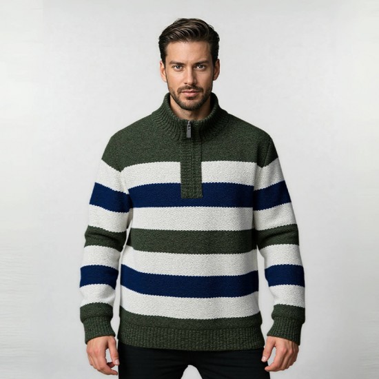 2025 Autumn New Men's Half-Zip Fleece Striped Sweater: Casual Knit Sweater