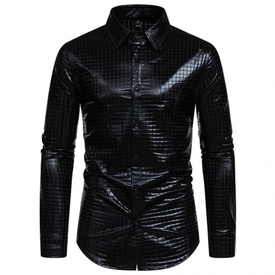 New Men's Casual Checkered Gold Stamping Stage Costume: Banquet Fashion Long-sleeved Shirt