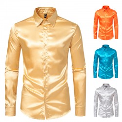 Spring/Autumn Men's Fashion: Men's Satin Nightclub Style Solid Color Shiny Trendy Long-Sleeved Shirts
