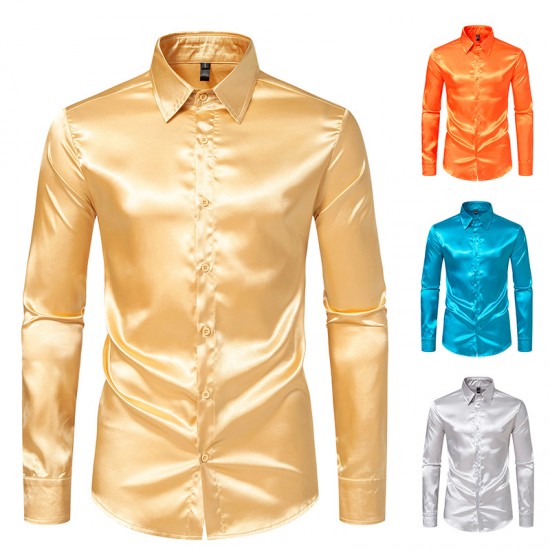 Spring/Autumn Men's Fashion: Men's Satin Nightclub Style Solid Color Shiny Trendy Long-Sleeved Shirts