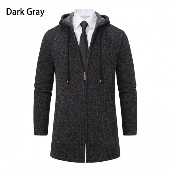 Autumn Men's Fashion Hooded Cardigan Sweater: Mid-Length Plush Thickened Cardigan Sweater Jacket