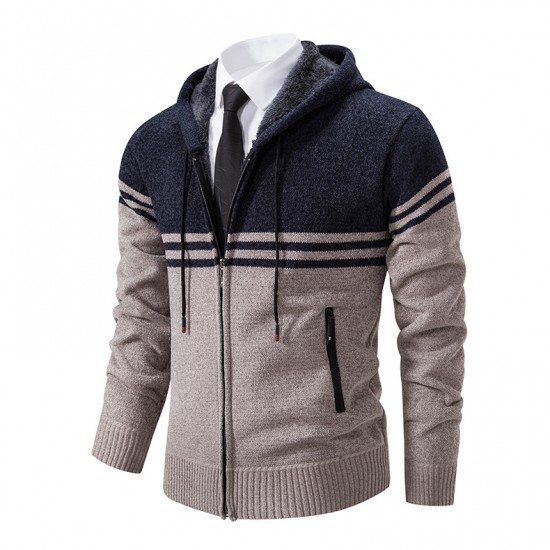 Men's Color-blocked Casual Long-sleeved Sweaters: Popular Collection Fashionable Hooded Cardigan Sweater Jacket