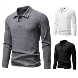 2025 European-sized New Men's Waffle Long-Sleeved Lapel T-Shirt: Simple Casual Polo Shirt