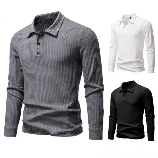 2025 European-sized New Men's Waffle Long-Sleeved Lapel T-Shirt: Simple Casual Polo Shirt