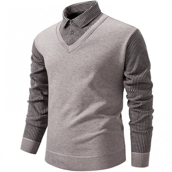 Men's Autumn/Winter Casual Plus-fleece Shirt: Long-sleeved Fake Two-piece Sweater, Colorblock Slim-fitting Sweater