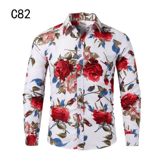 Spring/Autumn New AliExpress Men's Rose Print Plus-size Long-sleeved Shirt: Men's Patterned Shirt