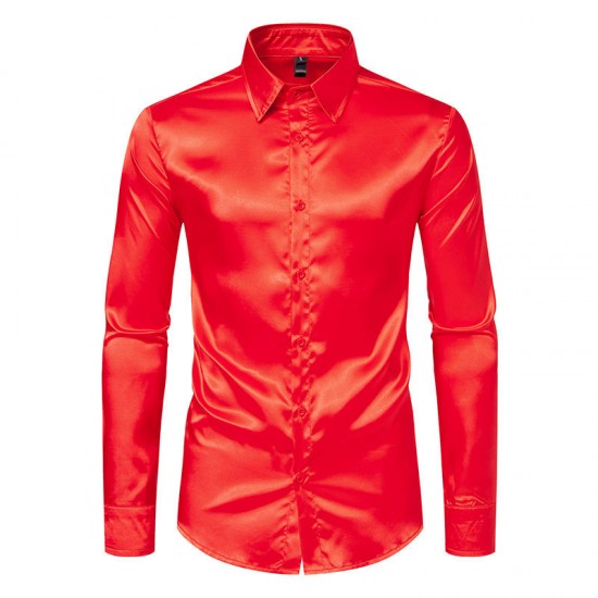 Spring/Autumn Men's Fashion: Men's Satin Nightclub Style Solid Color Shiny Trendy Long-Sleeved Shirts