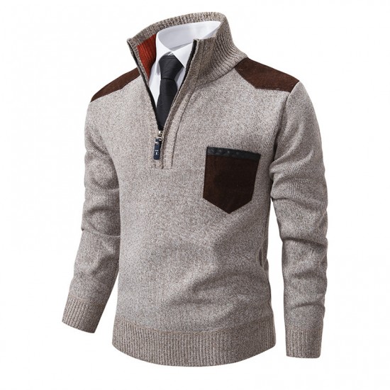 Autumn/Winter New Men's Zipper Stand-up Collar Pullover Knitted Sweater: Casual Colorblock Thickened Sweater