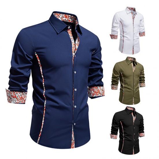 2025 European Size Autumn New Men's Paisley Pattern Colorblock Casual Long Sleeve Shirt