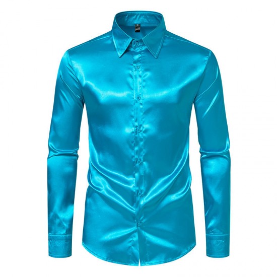 Spring/Autumn Men's Fashion: Men's Satin Nightclub Style Solid Color Shiny Trendy Long-Sleeved Shirts