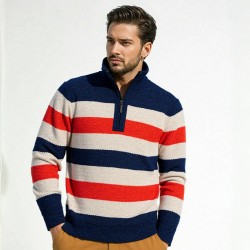 2025 Autumn New Men's Half-Zip Fleece Striped Sweater: Casual Knit Sweater