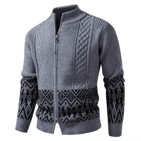 2025 Autumn and Winter New Men's Knitted Cardigan: Retro Cable-Knit Ethnic Style Stand-Up Collar Sweater