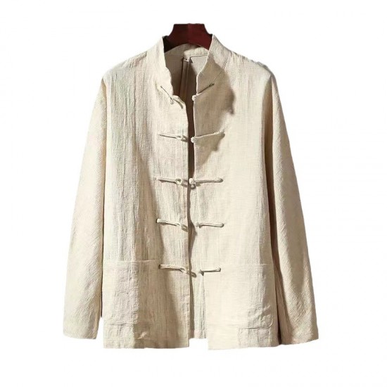 Spring/Autumn Style Men's Buttoned Cotton and Linen Shirt: Stand Collar Retro Top, Linen Long-Sleeved Shirt
