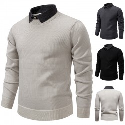 2025 Autumn/Winter Men's Fake Two-Piece Knitted Casual Shirt Collar Jacket: Fashionable Sweater