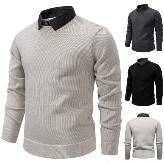 2025 Autumn/Winter Men's Fake Two-Piece Knitted Casual Shirt Collar Jacket: Fashionable Sweater