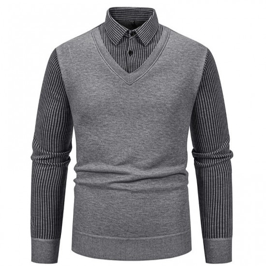 Men's Autumn/Winter Casual Plus-fleece Shirt: Long-sleeved Fake Two-piece Sweater, Colorblock Slim-fitting Sweater