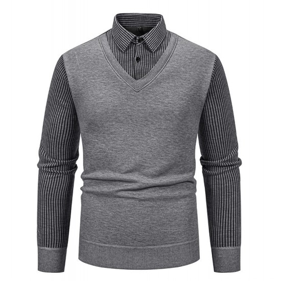 Men's Autumn/Winter Casual Plus-fleece Shirt: Long-sleeved Fake Two-piece Sweater, Colorblock Slim-fitting Sweater