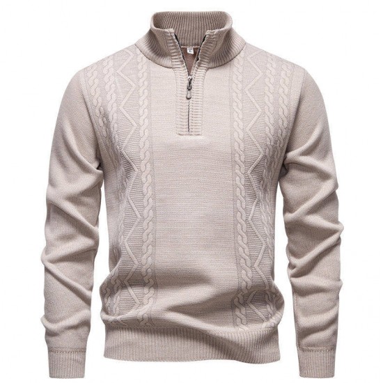 2025 European Size Autumn/Winter New Men's Casual Jacquard Sweater: Stand Collar Zipper Pullover
