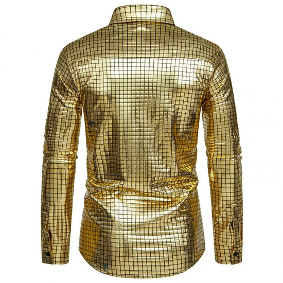 New Men's Casual Checkered Gold Stamping Stage Costume: Banquet Fashion Long-sleeved Shirt