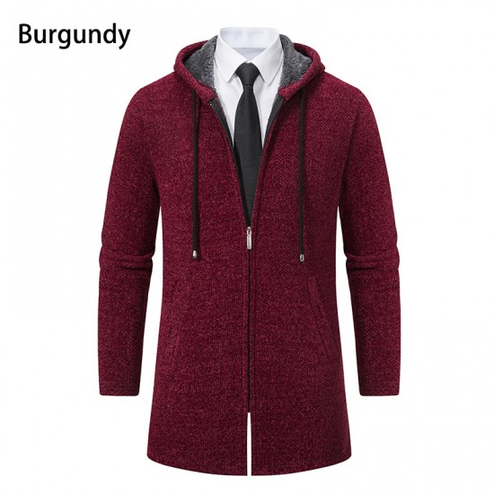 Autumn Men's Fashion Hooded Cardigan Sweater: Mid-Length Plush Thickened Cardigan Sweater Jacket
