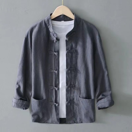 Spring/Autumn Style Men's Buttoned Cotton and Linen Shirt: Stand Collar Retro Top, Linen Long-Sleeved Shirt