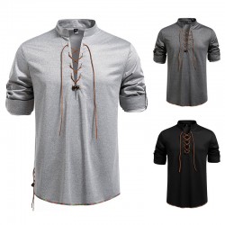 2025 European New Men's Drawstring Stand Collar Fashion Casual Long-Sleeved T-Shirt