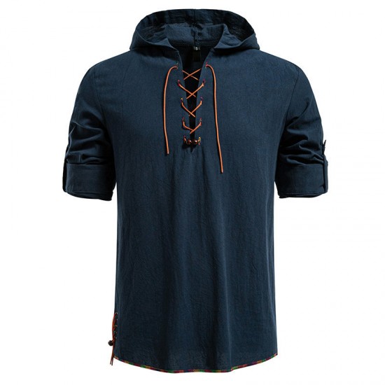 2025 European Size New Men's Drawstring Hooded Cotton and Linen Casual Long-Sleeved Shirt