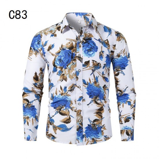 Spring/Autumn New AliExpress Men's Rose Print Plus-size Long-sleeved Shirt: Men's Patterned Shirt