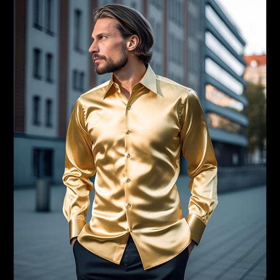 Spring/Autumn Men's Fashion: Men's Satin Nightclub Style Solid Color Shiny Trendy Long-Sleeved Shirts