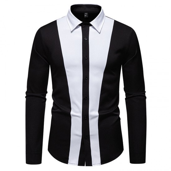 2025 European Size New Men's Black and White Patchwork Lapel Casual Long-Sleeved Shirt