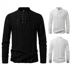 2025 European Size New Tie-Strap V-Neck Long Sleeve Shirt: Men's Luxury Jacquard Breathable Top