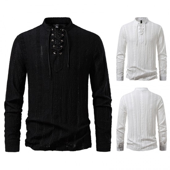 2025 European Size New Tie-Strap V-Neck Long Sleeve Shirt: Men's Luxury Jacquard Breathable Top
