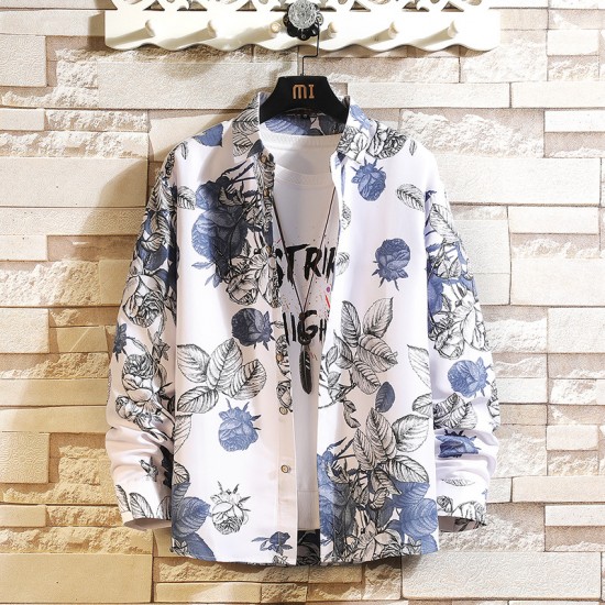 2025 Autumn/Winter New Men's Casual Floral Nightclub Style Long-Sleeved Shirt: Loose Plus-Size National Trend Long-Sleeved Shirt
