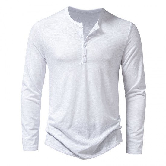 Spring/Autumn: Men's Bamboo Cotton Henley Collar Solid Color Men's Casual Fashion Long-Sleeved T-Shirts