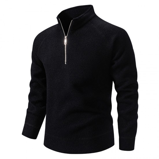 2025 European Size Men's Solid Color Thickened Sweater: Stand Collar Half-Zip Slim Fit Cardigan