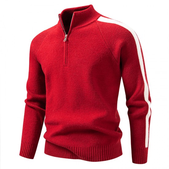 2025 Autumn/Winter New Men's Color-Block Sweater: Oversized Stand-Up Collar Half-Zip Jacket