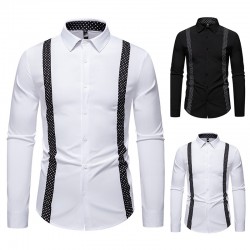 2025 New Fashion Men's Black and White Dotted Colorblock Design: Casual Long-Sleeved Shirt